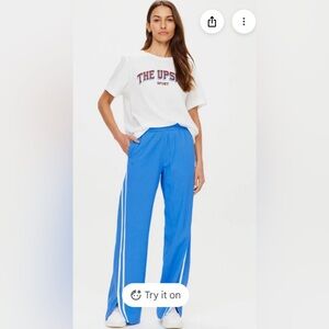 The upside Juliet pant split hem track pant lightweight blue white stripe small